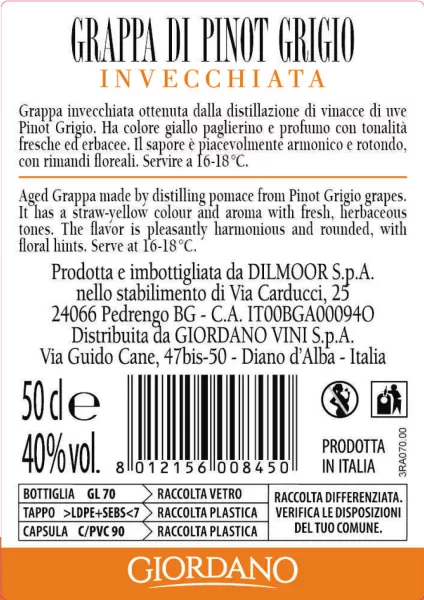Vini Grappa Giordano di | Pinot Vins | Grigio Invecchiata